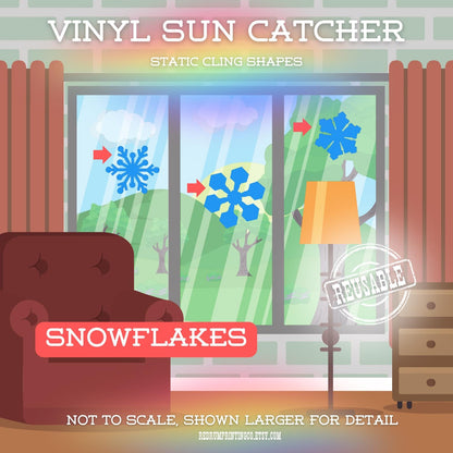 A mockup living room illustrating the designs for snowflake shaped vinyl sun catchers in a window